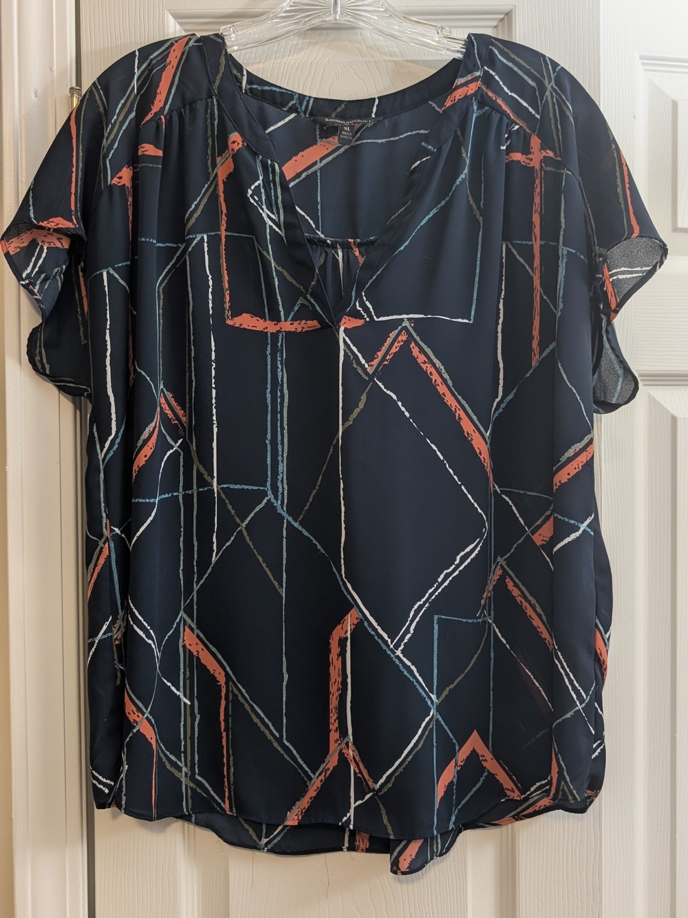Banana Republic Navy Geometric Flutter Sleeve Blouse with Coral Accents